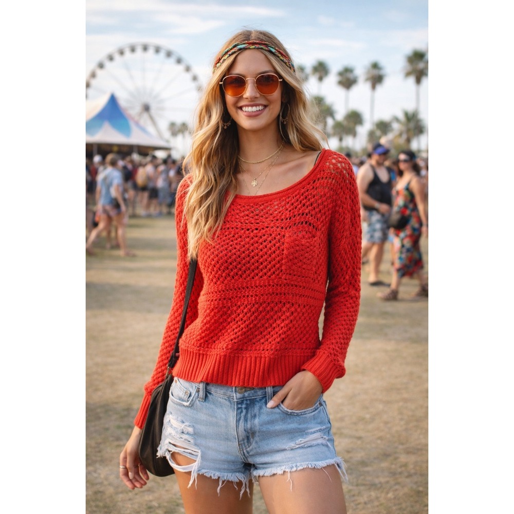 Y2K Wet Seal Red Crochet Sweater Open Knit Boho Festival Top M